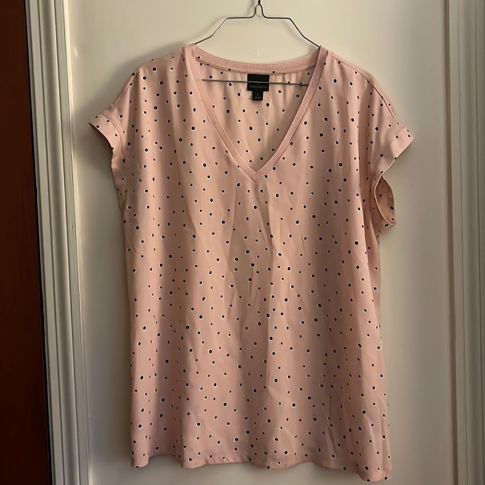 Worthington size large pink and black polka dot blouse